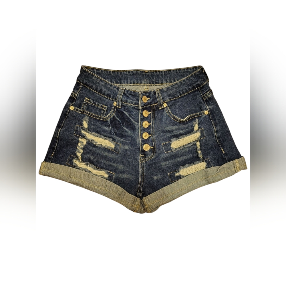 NWOT Women's Dark Wash High-Waisted Distressed Frayed Hem Denim Jean Shorts, S